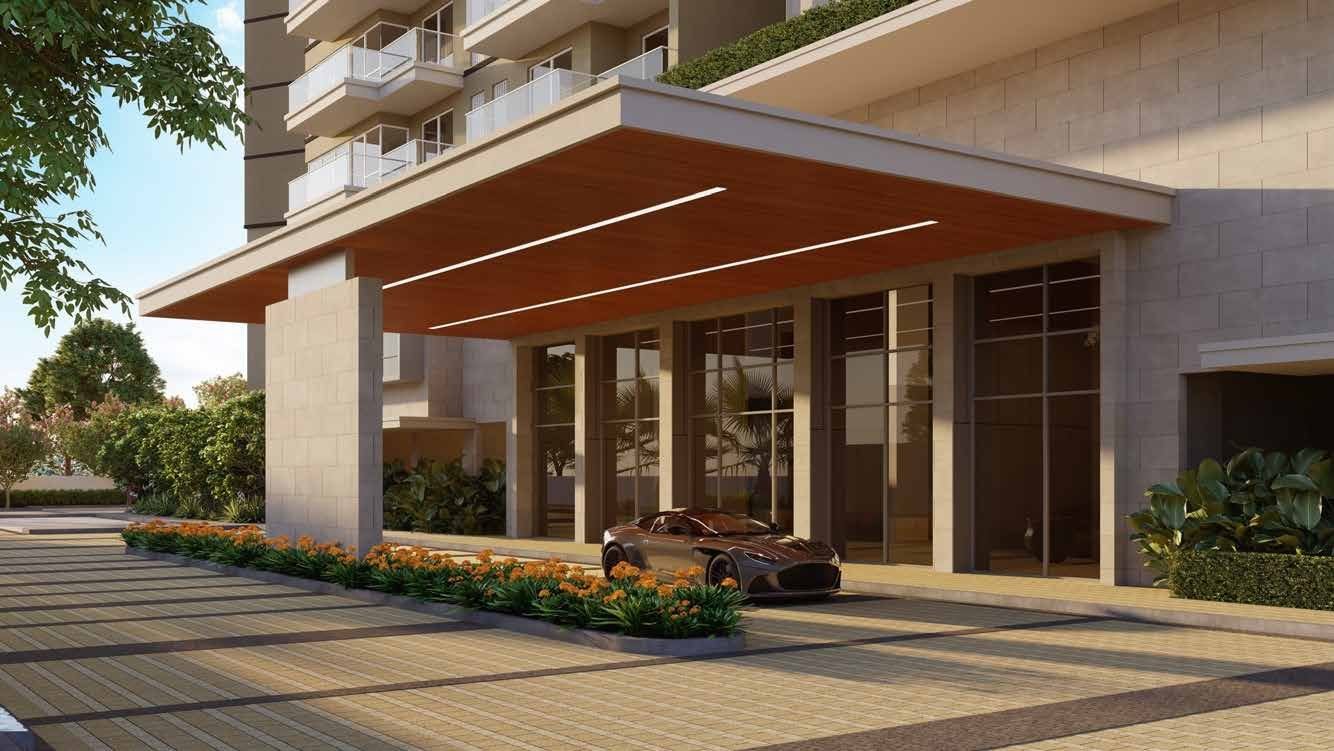 Artistic impression of the Elite Oasis arrival porch with a timber-clad canopy, stone-clad columns and landscaped drop-off