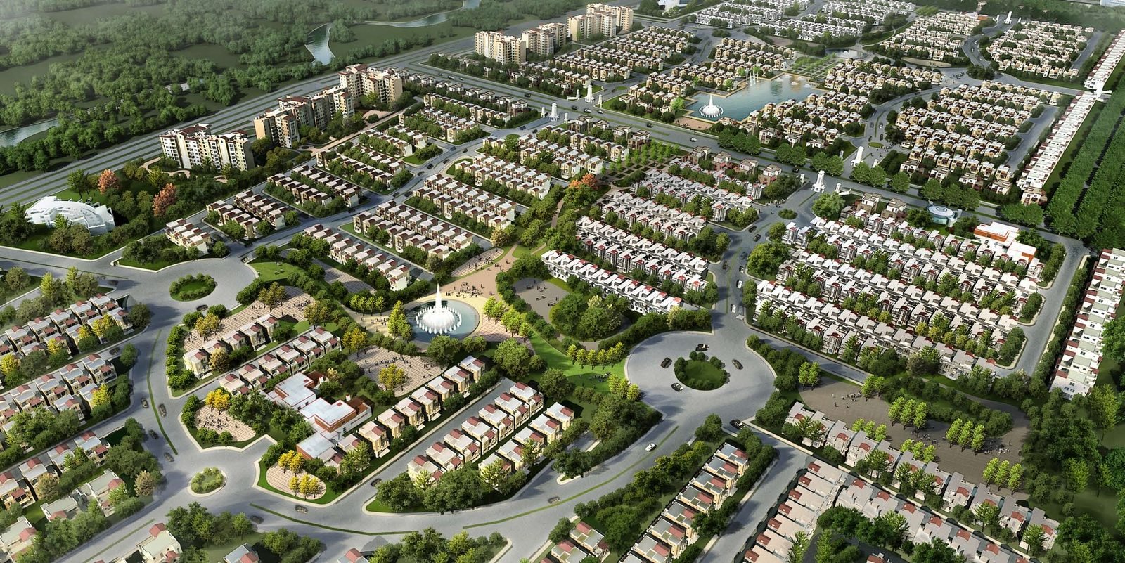 Aerial artistic impression of the Gomti Greens township: tree-lined boulevards, roundabouts, landscaped parks and residential neighbourhoods